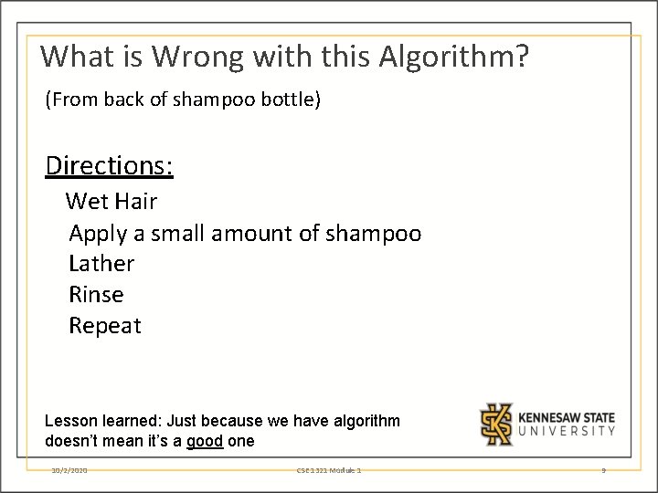 What is Wrong with this Algorithm? (From back of shampoo bottle) Directions: Wet Hair