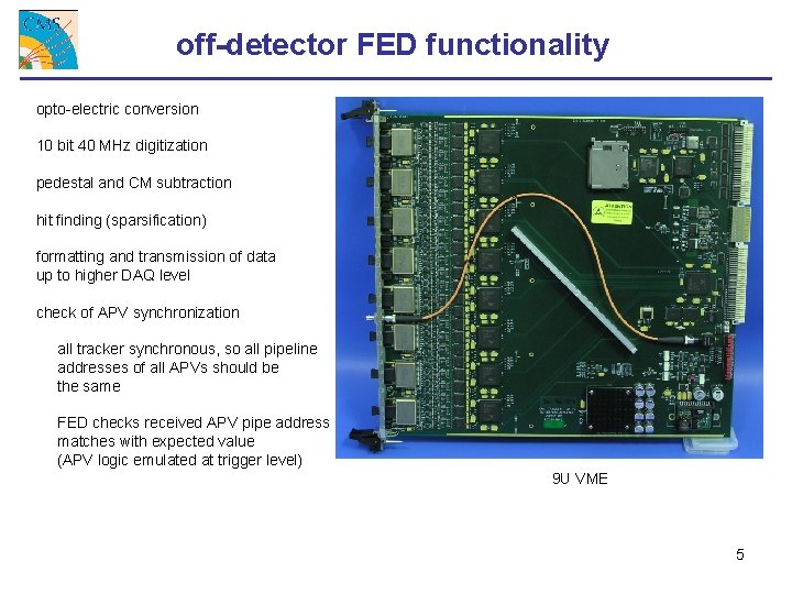 off-detector FED functionality opto-electric conversion 10 bit 40 MHz digitization pedestal and CM subtraction