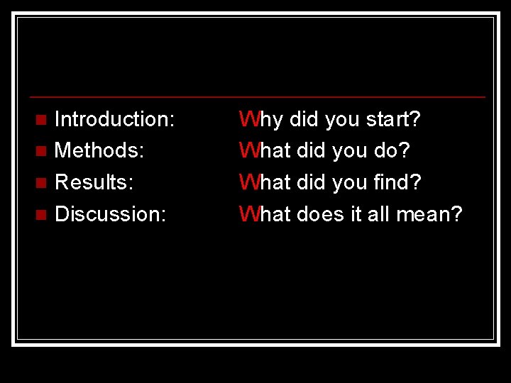 Introduction: n Methods: n Results: n Discussion: n Why did you start? What did