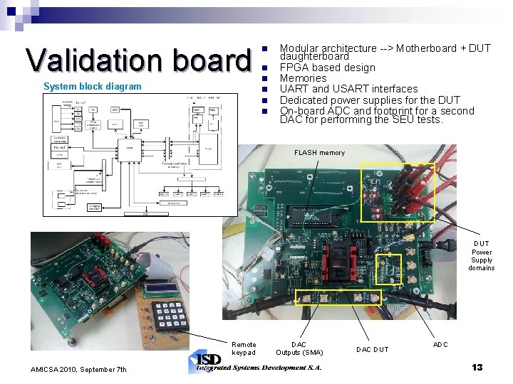 Validation board System block diagram Modular architecture --> Motherboard + DUT daughterboard FPGA based