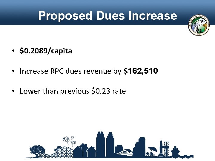 Proposed Dues Increase • $0. 2089/capita • Increase RPC dues revenue by $162, 510
