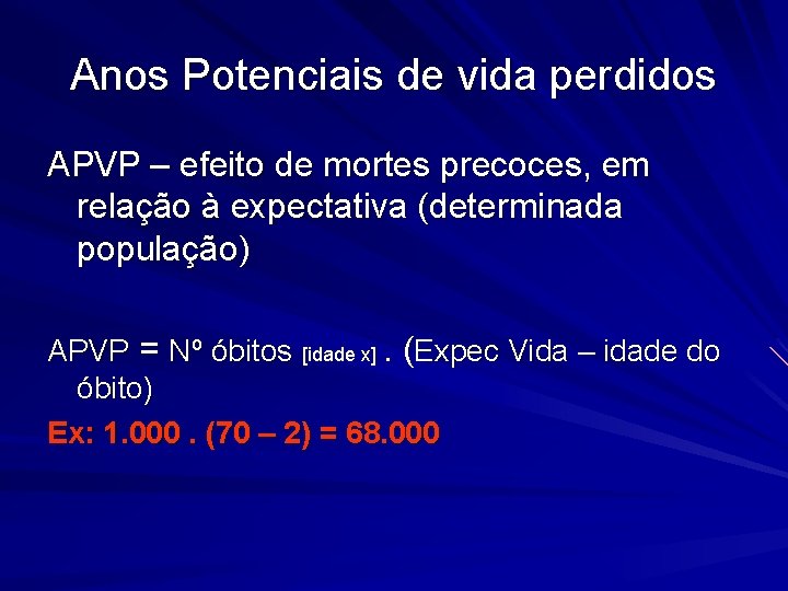 Anos Potenciais de vida perdidos APVP – efeito de mortes precoces, em relação à