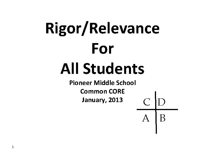 Rigor/Relevance For All Students Pioneer Middle School Common CORE January, 2013 C D A Rigor/Relevance For All Students Pioneer Middle School Common CORE January, 2013 C D A