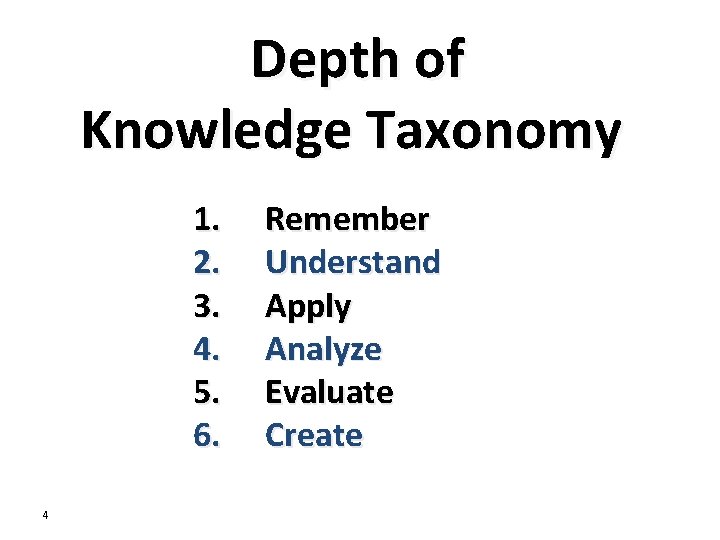 Depth of Knowledge Taxonomy 1. 2. 3. 4. 5. 6. 4 Remember Understand Apply Depth of Knowledge Taxonomy 1. 2. 3. 4. 5. 6. 4 Remember Understand Apply