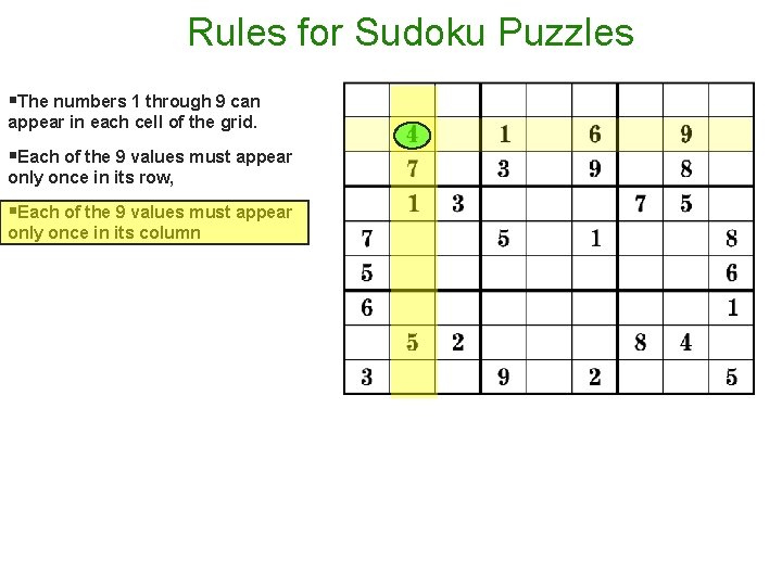 Rules for Sudoku Puzzles §The numbers 1 through 9 can appear in each cell Rules for Sudoku Puzzles §The numbers 1 through 9 can appear in each cell