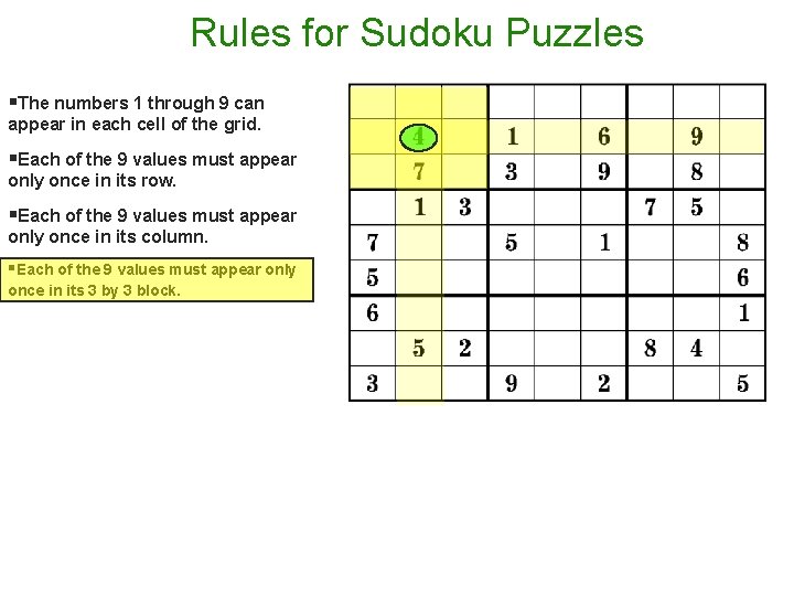 Rules for Sudoku Puzzles §The numbers 1 through 9 can appear in each cell Rules for Sudoku Puzzles §The numbers 1 through 9 can appear in each cell