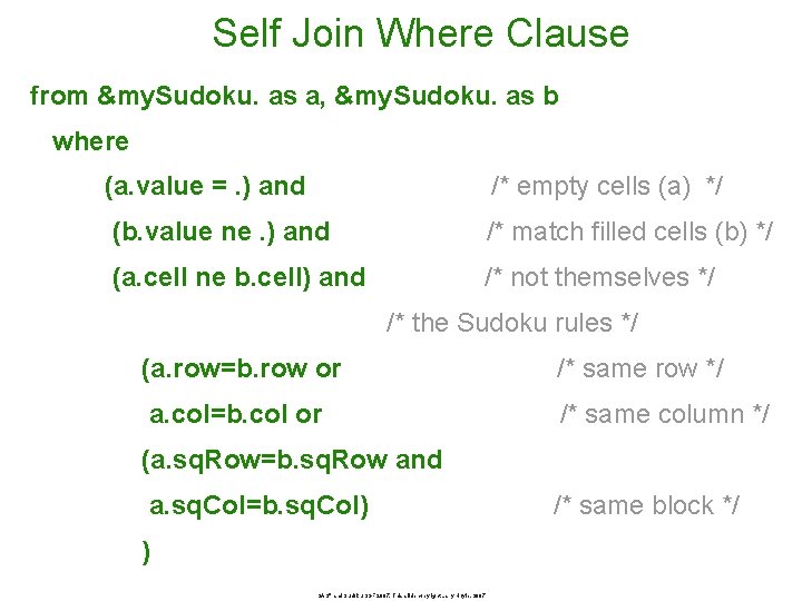 Self Join Where Clause from &my. Sudoku. as a, &my. Sudoku. as b where Self Join Where Clause from &my. Sudoku. as a, &my. Sudoku. as b where