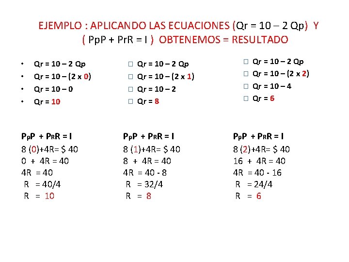 EJEMPLO : APLICANDO LAS ECUACIONES (Qr = 10 – 2 Qp) Y ( Pp.