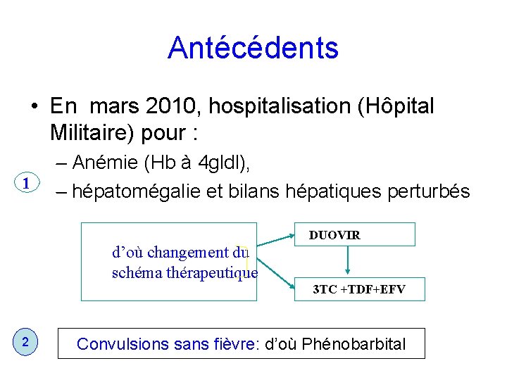 Antécédents • En mars 2010, hospitalisation (Hôpital Militaire) pour : 1 – Anémie (Hb