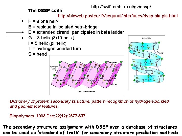 http: //swift. cmbi. ru. nl/gv/dssp/ The DSSP code http: //bioweb. pasteur. fr/seqanal/interfaces/dssp-simple. html H
