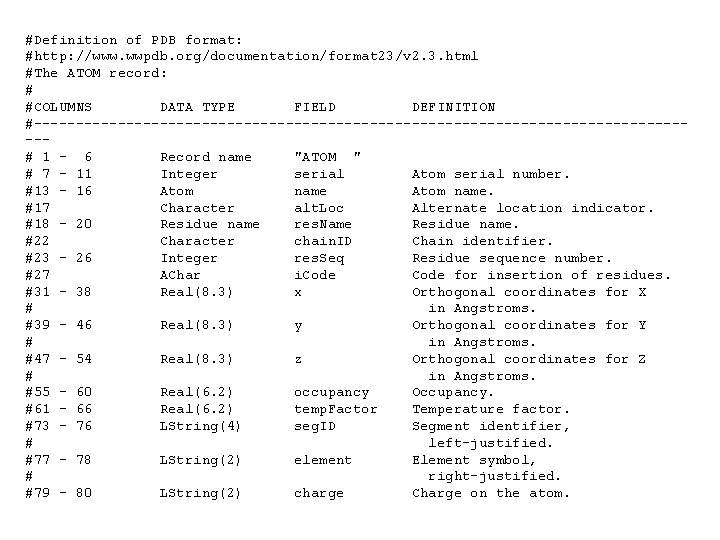 #Definition of PDB format: #http: //www. wwpdb. org/documentation/format 23/v 2. 3. html #The ATOM