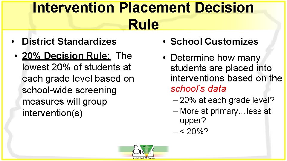 Intervention Placement Decision Rule • District Standardizes • 20% Decision Rule: The lowest 20%