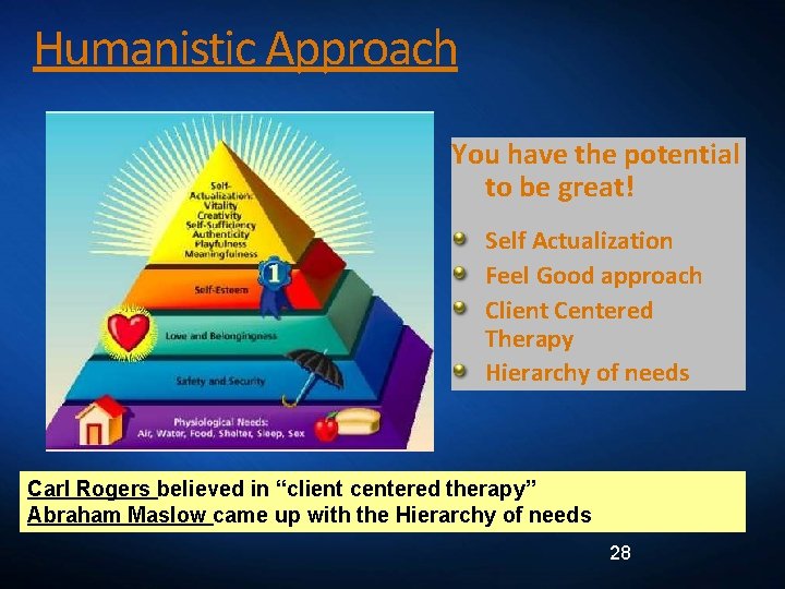 Humanistic Approach You have the potential to be great! Self Actualization Feel Good approach