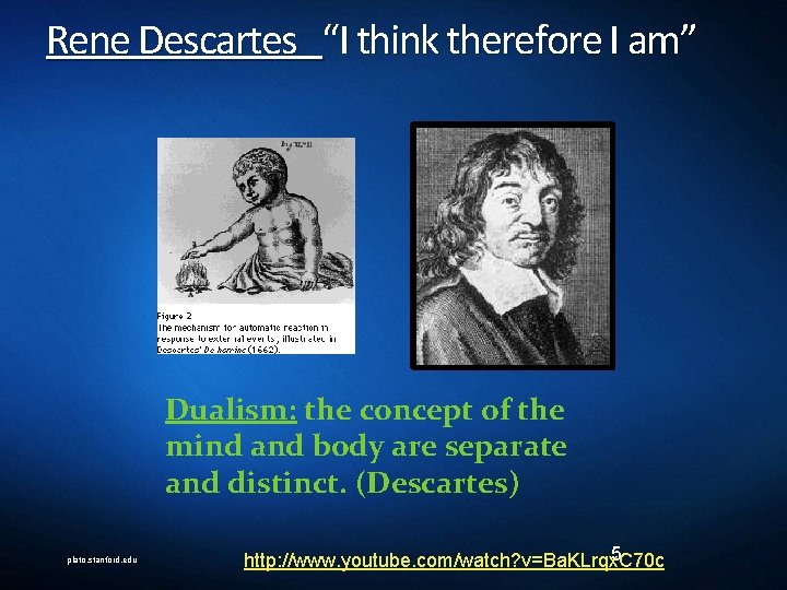 Rene Descartes “I think therefore I am” Dualism: the concept of the mind and