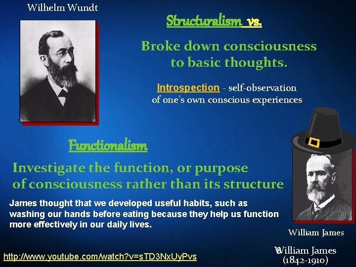 Wilhelm Wundt Structuralism vs. Broke down consciousness to basic thoughts. Introspection - self-observation of