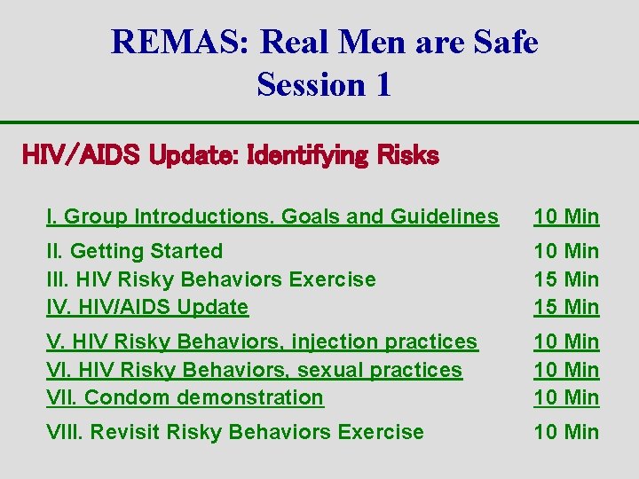 REMAS: Real Men are Safe Session 1 HIV/AIDS Update: Identifying Risks I. Group Introductions.