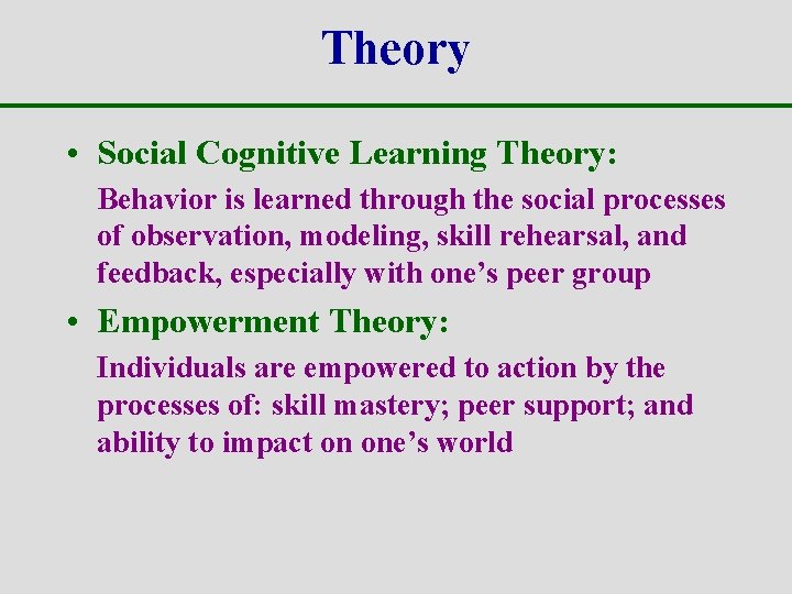 Theory • Social Cognitive Learning Theory: Behavior is learned through the social processes of