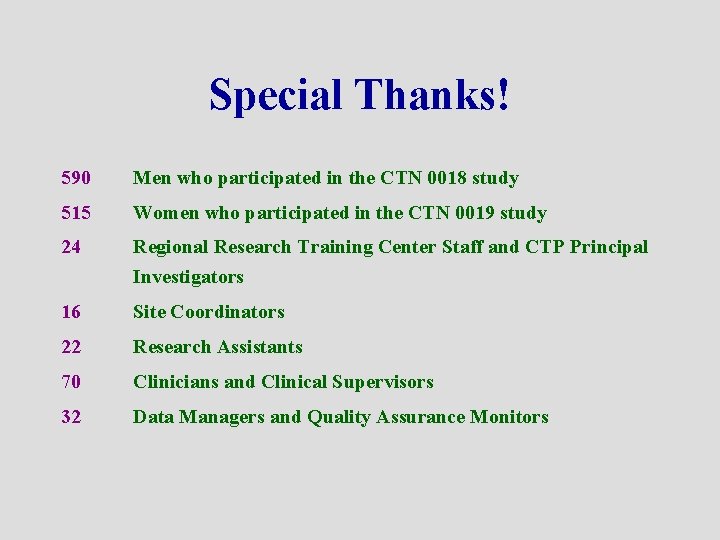 Special Thanks! 590 Men who participated in the CTN 0018 study 515 Women who