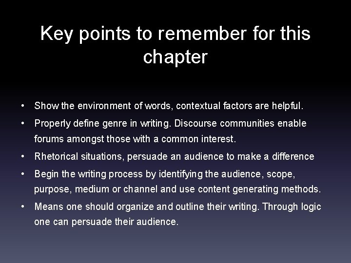 Key points to remember for this chapter • Show the environment of words, contextual