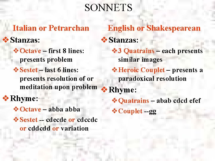 SONNETS Italian or Petrarchan v Stanzas: English or Shakespearean v Stanzas: v. Octave –