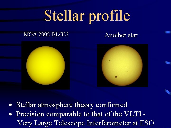 Stellar profile MOA 2002 -BLG 33 Another star Stellar atmosphere theory confirmed Precision comparable Stellar profile MOA 2002 -BLG 33 Another star Stellar atmosphere theory confirmed Precision comparable
