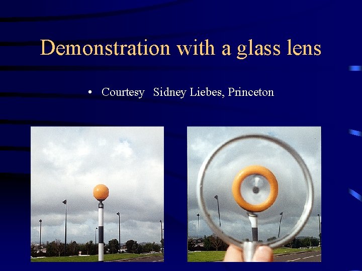 Demonstration with a glass lens • Courtesy Sidney Liebes, Princeton Demonstration with a glass lens • Courtesy Sidney Liebes, Princeton
