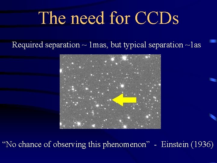 The need for CCDs Required separation ~ 1 mas, but typical separation ~1 as The need for CCDs Required separation ~ 1 mas, but typical separation ~1 as