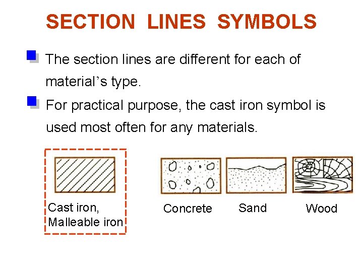 SECTION LINES SYMBOLS The section lines are different for each of material’s type. For