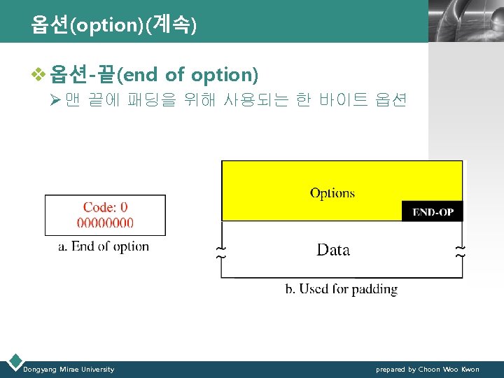 옵션(option)(계속) LOGO v 옵션-끝(end of option) Ø 맨 끝에 패딩을 위해 사용되는 한 바이트