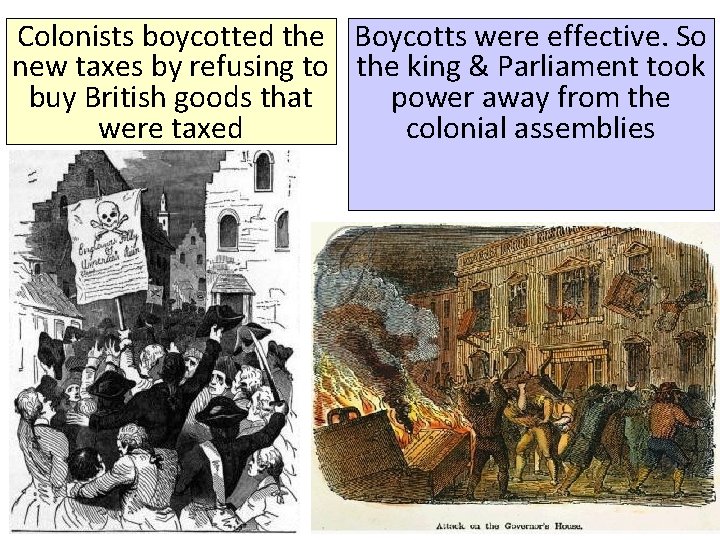 Colonists boycotted the Boycotts were effective. So new taxes by refusing to the king