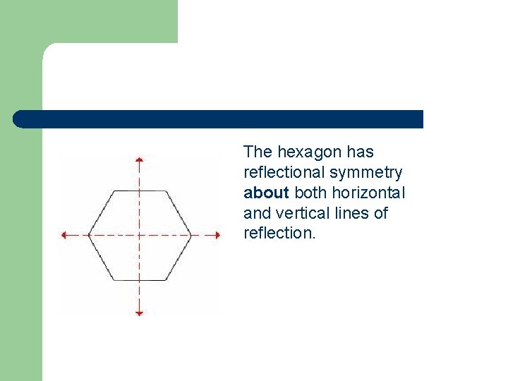 The hexagon has reflectional symmetry about both horizontal and vertical lines of reflection. 