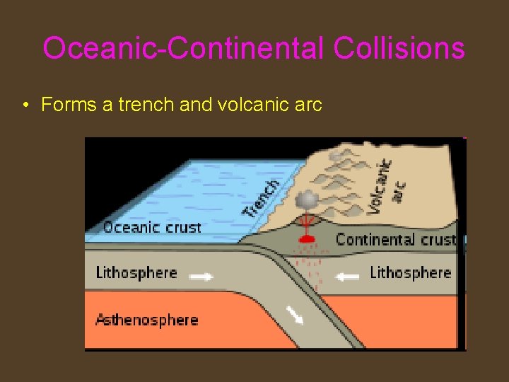 Oceanic-Continental Collisions • Forms a trench and volcanic arc 