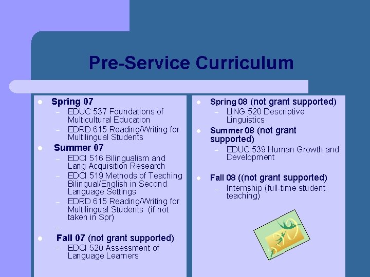 Pre-Service Curriculum l Spring 07 – – l l Summer 07 – – l