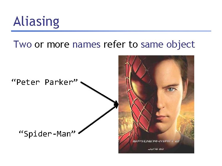 Aliasing Two or more names refer to same object “Peter Parker” “Spider-Man” 