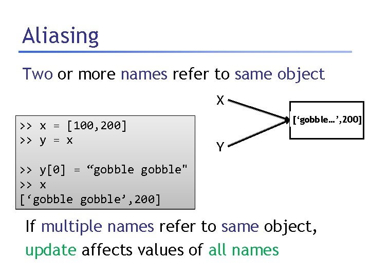 Aliasing Two or more names refer to same object X >> x = [100,