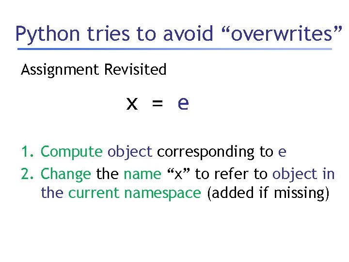 Python tries to avoid “overwrites” Assignment Revisited x = e 1. Compute object corresponding