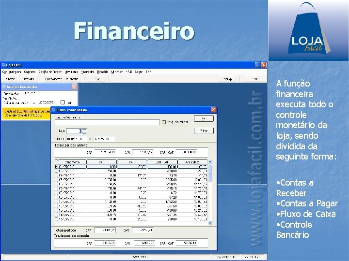 Financeiro A função financeira executa todo o controle monetário da loja, sendo dividida da