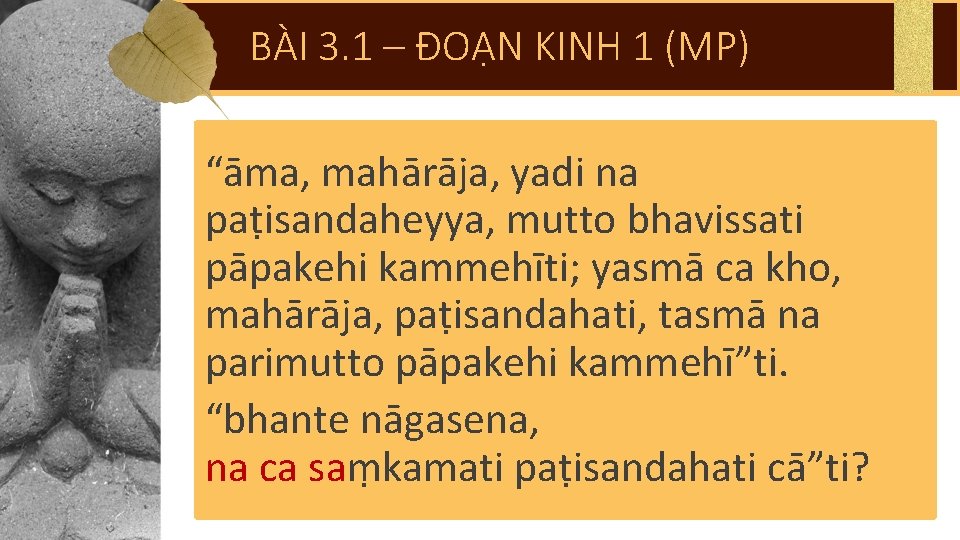 BÀI 3. 1 – ĐOẠN KINH 1 (MP) “āma, mahārāja, yadi na paṭisandaheyya, mutto