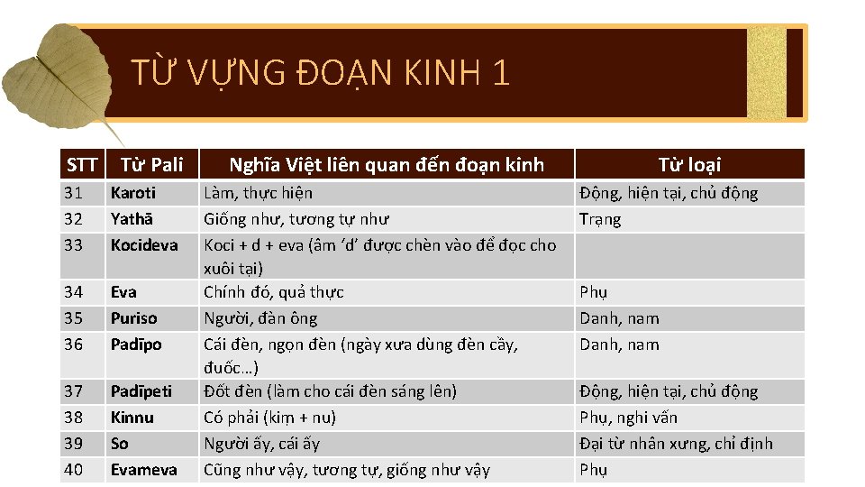 TỪ VỰNG ĐOẠN KINH 1 STT Từ Pali 31 32 33 Karoti Yathā Kocideva