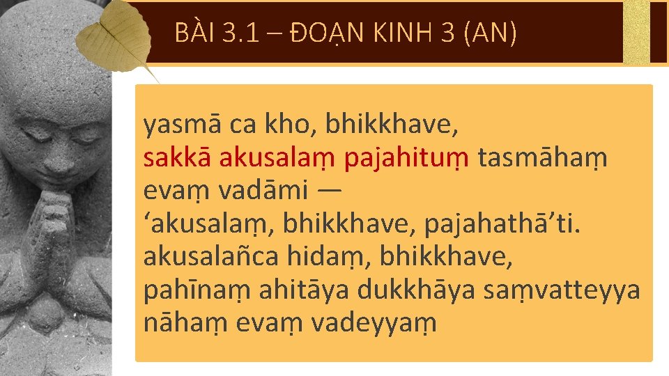 BÀI 3. 1 – ĐOẠN KINH 3 (AN) yasmā ca kho, bhikkhave, sakkā akusalaṃ