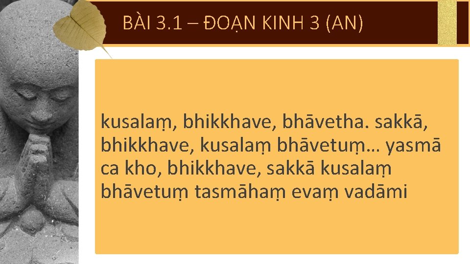 BÀI 3. 1 – ĐOẠN KINH 3 (AN) kusalaṃ, bhikkhave, bhāvetha. sakkā, bhikkhave, kusalaṃ