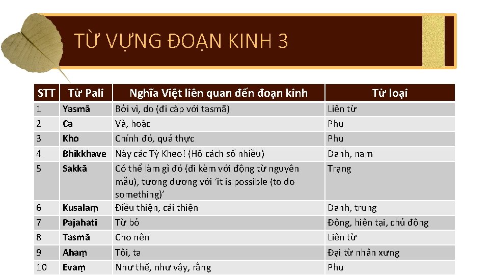 TỪ VỰNG ĐOẠN KINH 3 STT Từ Pali 1 2 3 4 5 Yasmā