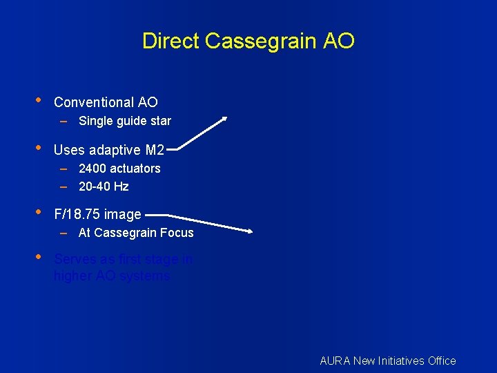 Direct Cassegrain AO • Conventional AO – Single guide star • Uses adaptive M