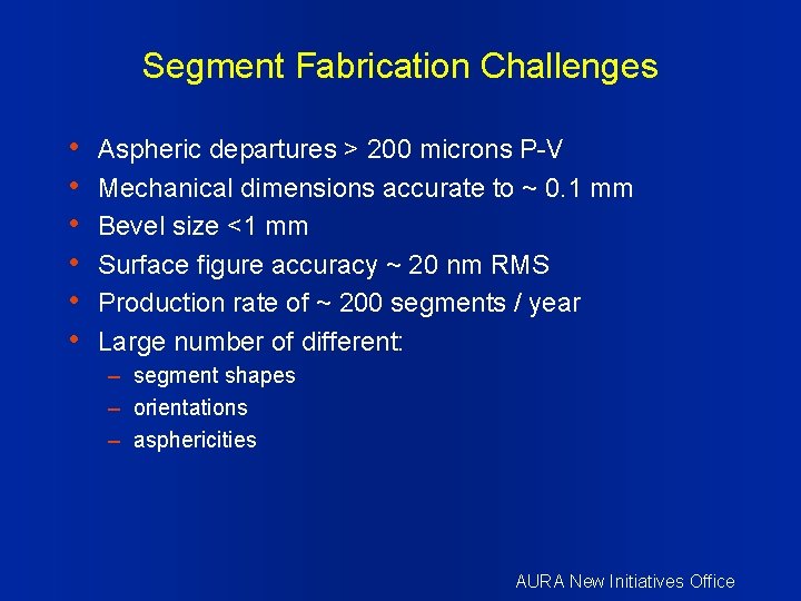 Segment Fabrication Challenges • • • Aspheric departures > 200 microns P-V Mechanical dimensions