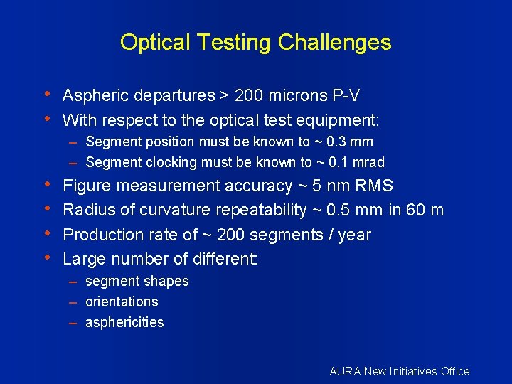 Optical Testing Challenges • Aspheric departures > 200 microns P-V • With respect to