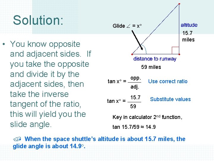 Solution: • You know opposite and adjacent sides. If you take the opposite and