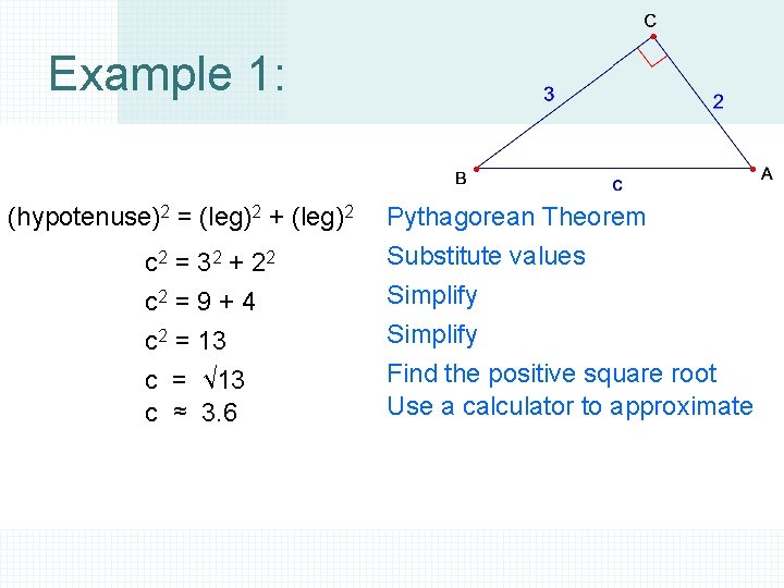 Example 1: (hypotenuse)2 = (leg)2 + (leg)2 c 2 = 32 + 22 c