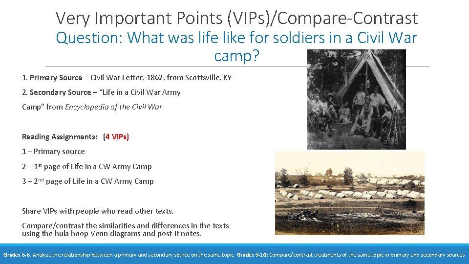 Very Important Points (VIPs)/Compare-Contrast Question: What was life like for soldiers in a Civil Very Important Points (VIPs)/Compare-Contrast Question: What was life like for soldiers in a Civil