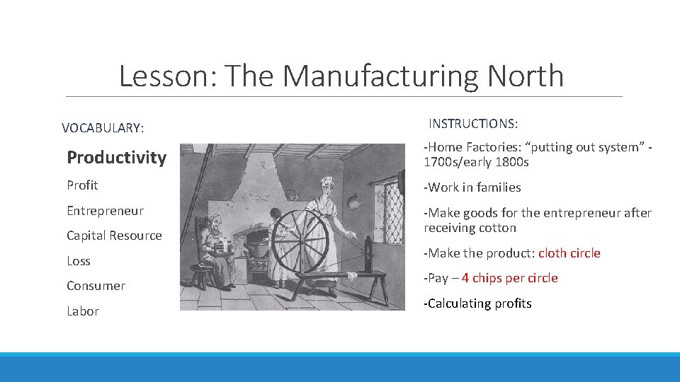 Lesson: The Manufacturing North VOCABULARY: INSTRUCTIONS: Productivity -Home Factories: “putting out system” 1700 s/early Lesson: The Manufacturing North VOCABULARY: INSTRUCTIONS: Productivity -Home Factories: “putting out system” 1700 s/early