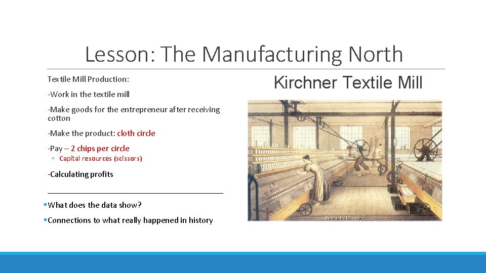 Lesson: The Manufacturing North Textile Mill Production: -Work in the textile mill -Make goods Lesson: The Manufacturing North Textile Mill Production: -Work in the textile mill -Make goods